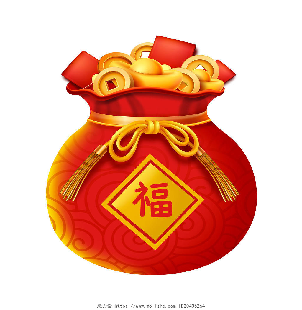 红色手绘卡通新年春节福袋金币装饰元素PNG素材